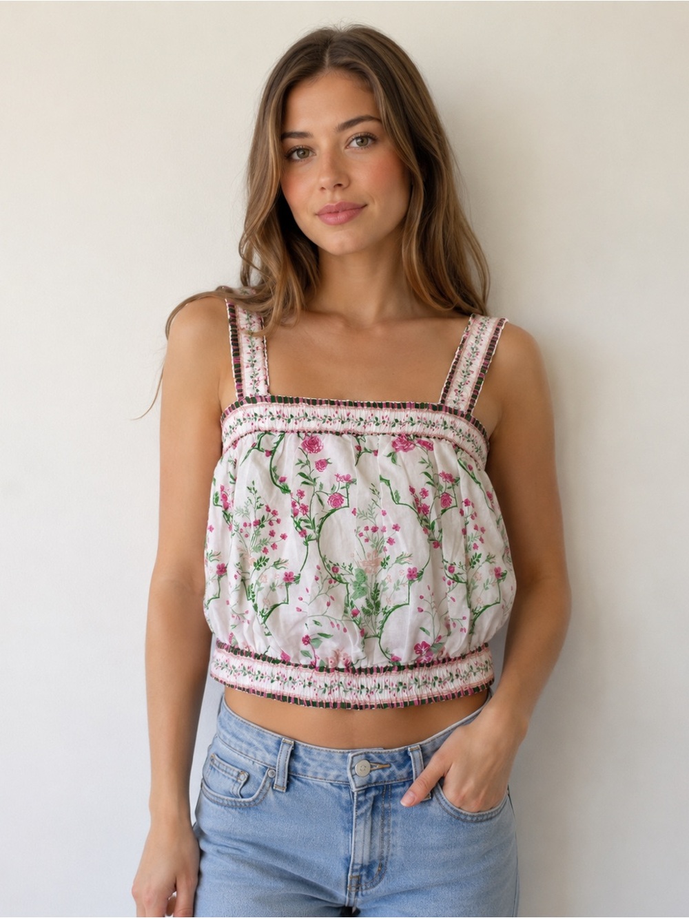 japna floral cotton smocked crop top size medium